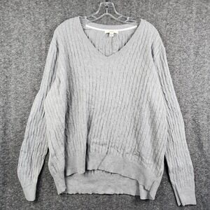 Merona Cable Knit Sweater Women 20W/22W Grey Excellent V-Neck Cotton Blend